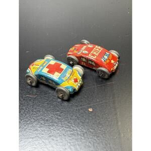 1950s Japan Tin Litho Emergency Cars Lot of 2 Fire Chief, Ambulance
